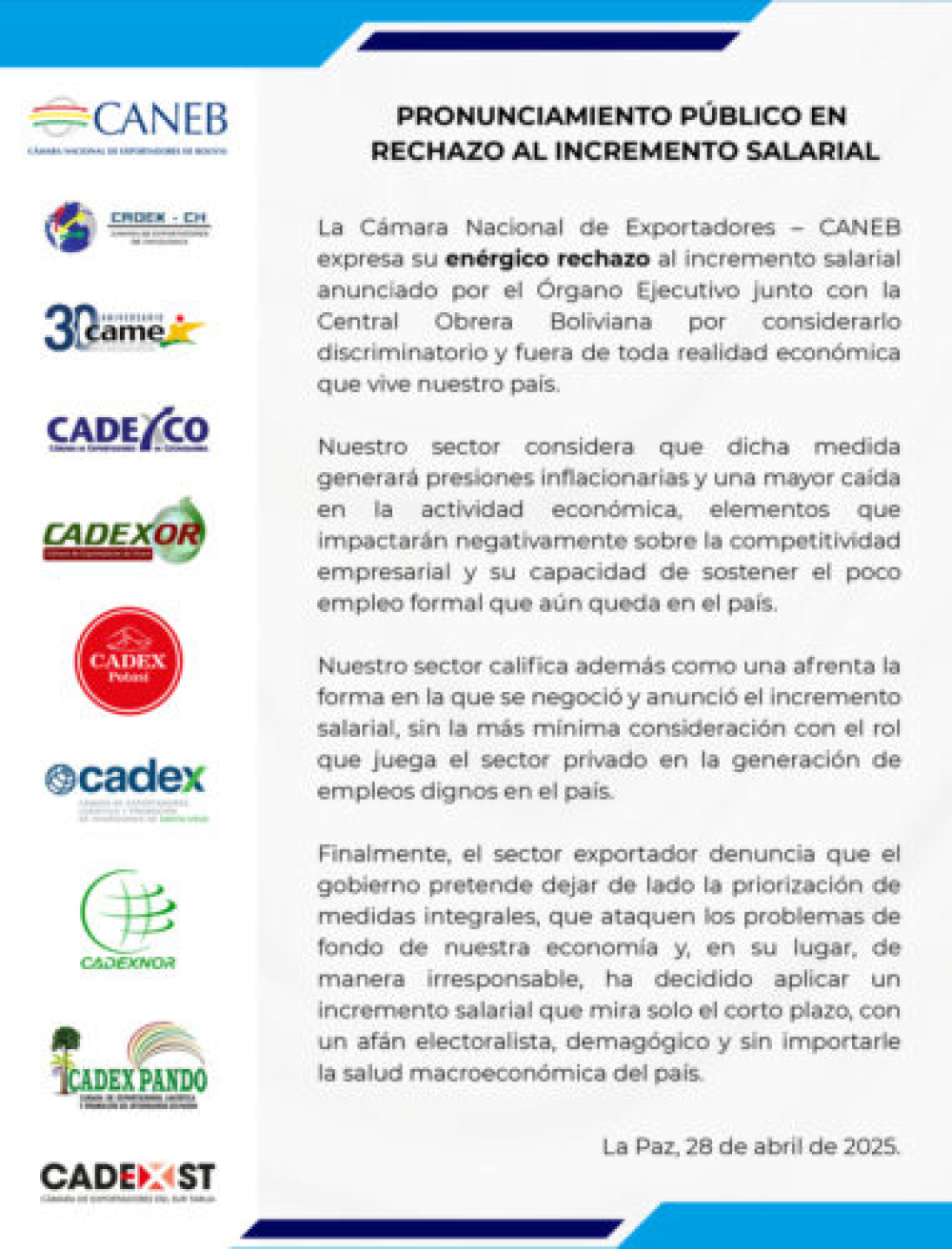 «Discriminatorio y fuera de toda realidad»: Caneb rechaza el incremento salarial fijado por el Gobierno