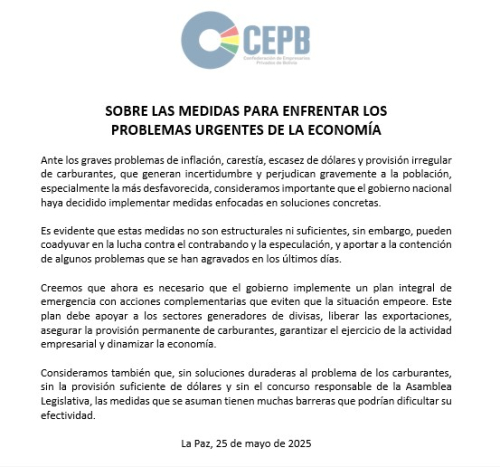 La Confederación de Empresarios Privados de Bolivia pide un plan integral de emergencia